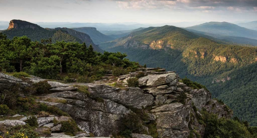 From a high elevation, the vast landscape of the Blue Ridge mountains stretches out for miles. 